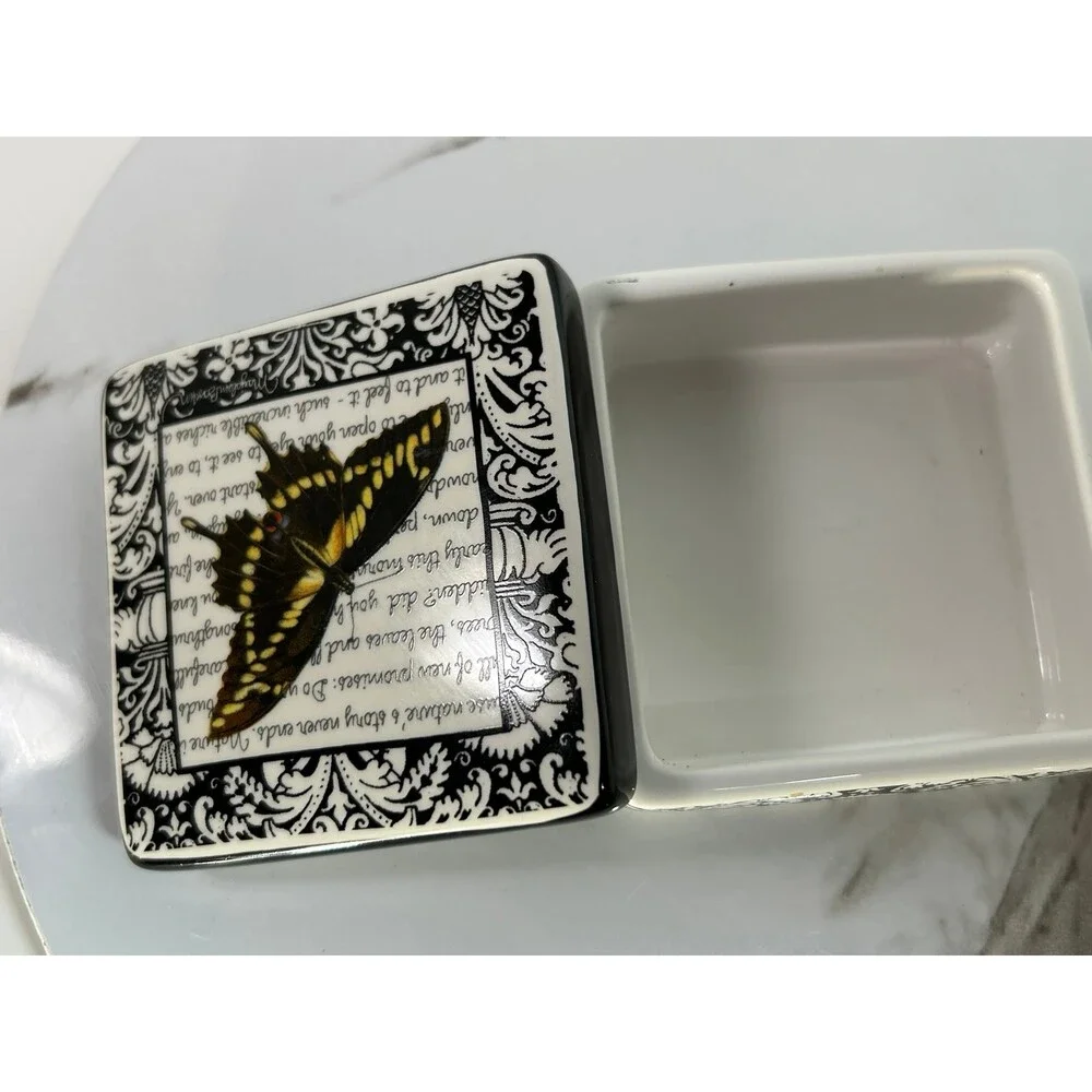 Swallowtail Butterfly ceramic Trinket Jewelry Box Black and White Demdaco